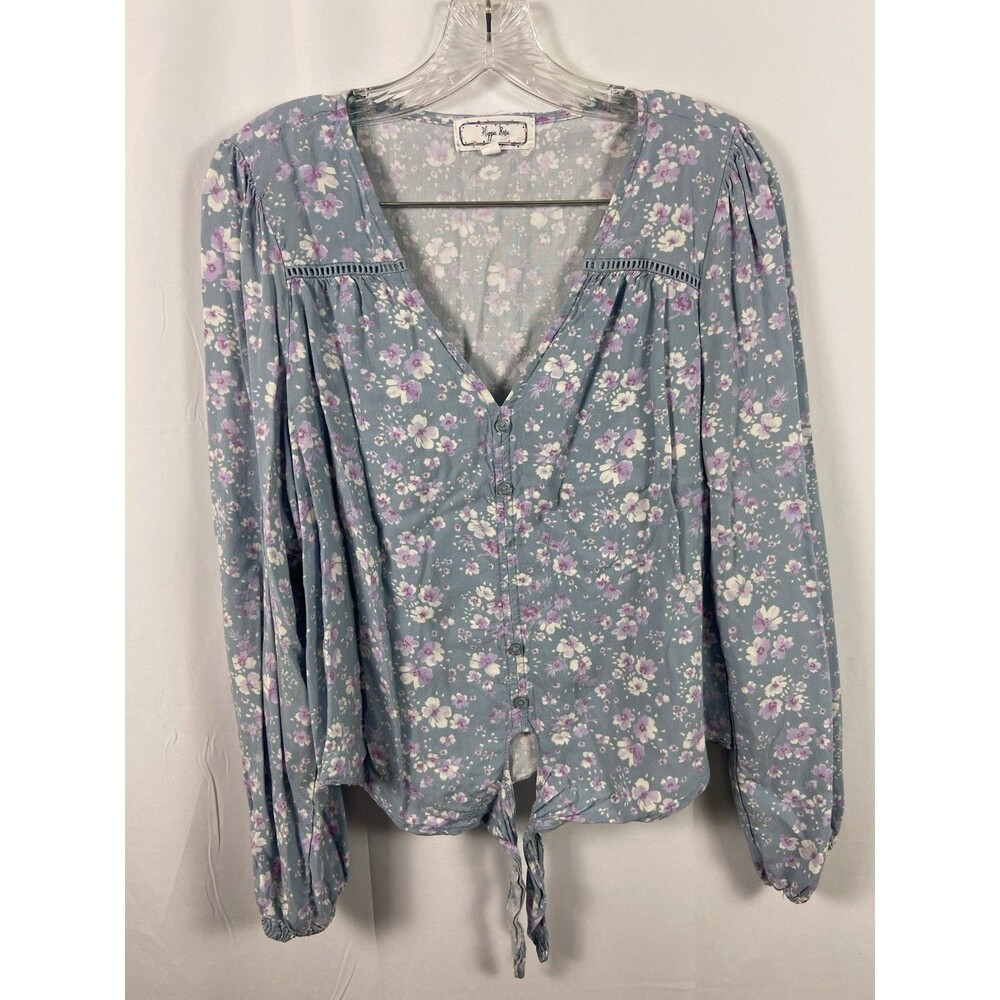 Hippie Rose Women’s Short Waist Floral Blouse Deep V Neck Tie Waist Long Sleeve